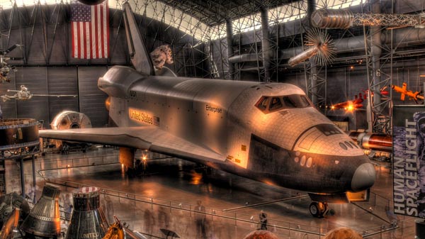 Enterprise was stored at the Smithsonian's hangar at Washington Dulles International Airport before it was restored and moved to the newly built Smithsonian's National Air and Space Museum's Steven F. Udvar-Hazy Center at Dulles International Airport, where it is the centerpiece of the space collection.