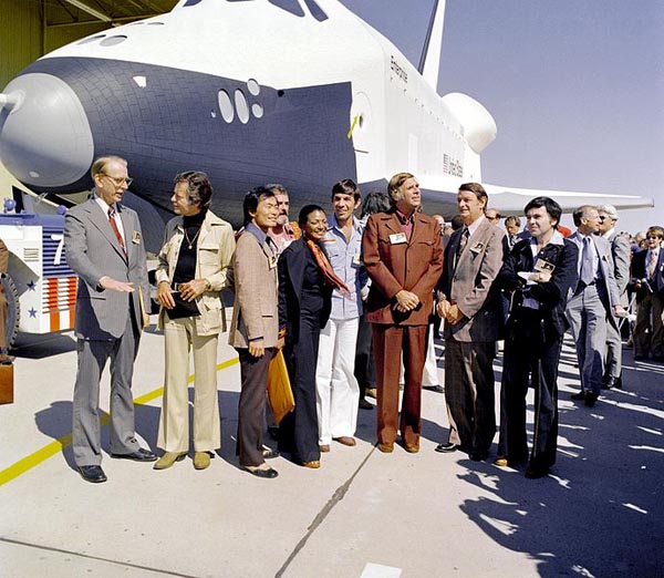 On September 17, 1976, Enterprise was rolled out of Rockwell's plant at Palmdale, California. In recognition of its fictional namesake, Star Trek creator Gene Roddenberry and most of the cast of the original series of Star Trek were on hand at the dedication ceremony.